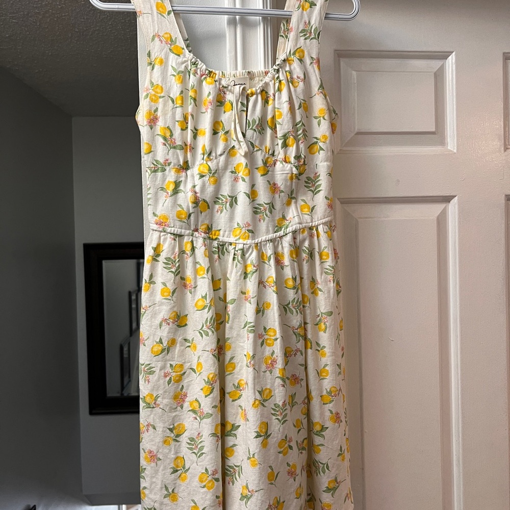 Japna White Cream Lemon Print Sundress with Green Leaf Accents
